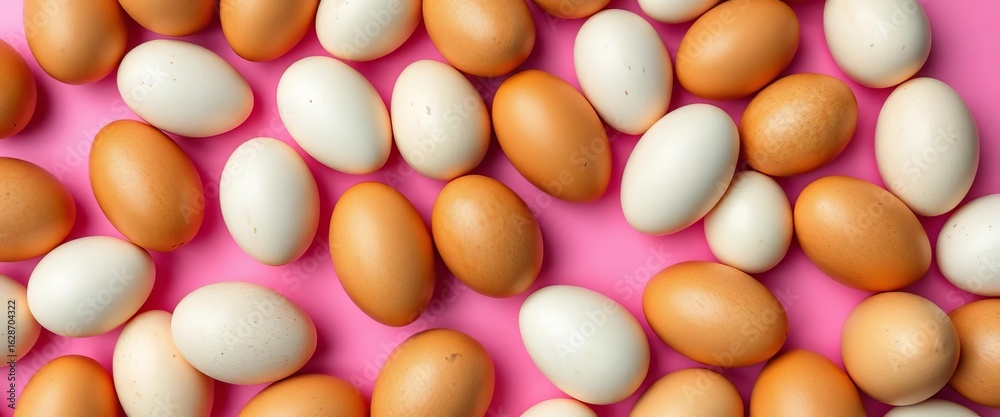 Seamless overhead pattern of brown and white eggs on pink , food photography, tone Seamless overhead pattern of brown and white eggs on pink , food photography, tone