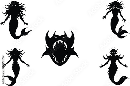 Siren Mermaid Spooky Version Vector Illustration on White Background