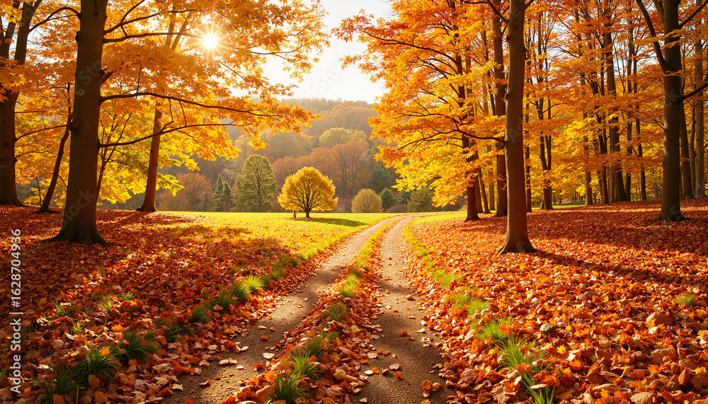 Fototapeta premium Scenic forest path with autumn leaves in midday sunlight, Thanksgiving