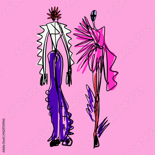 Fast Fashion Sketches Elegant Dress Silhouettes Hand Drawn Style Color Fashion Show Week Clipart