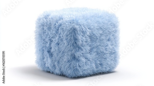 a blue fuzzy cube sitting on top of a white floor