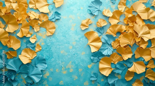 Blue and gold ginkgo leaves on textured background.