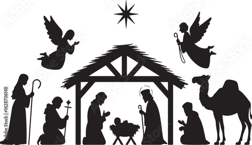 Nativity Scene Silhouette with Angels and Camel Keywords: nativity scene, christmas, jesus, mary