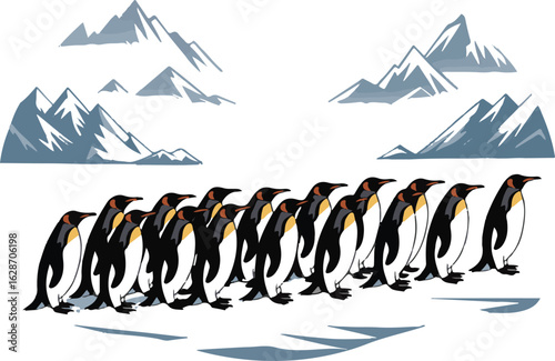 Penguin Colony Marches Across Ice Floes with Snowy Mountains in Background Keywords: penguins, colony