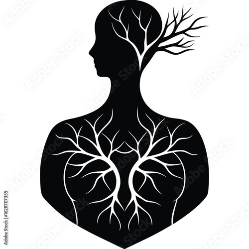 Human silhouette with branching roots black and white