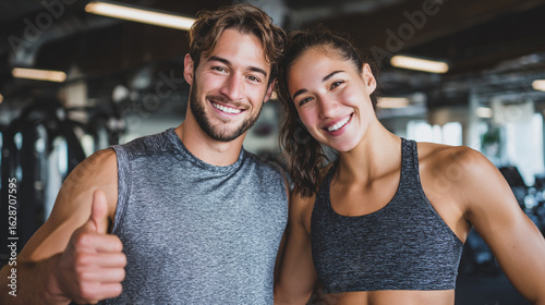 A smiling man gives a thumbs up next to a woman in a gym after a workout session together smiling