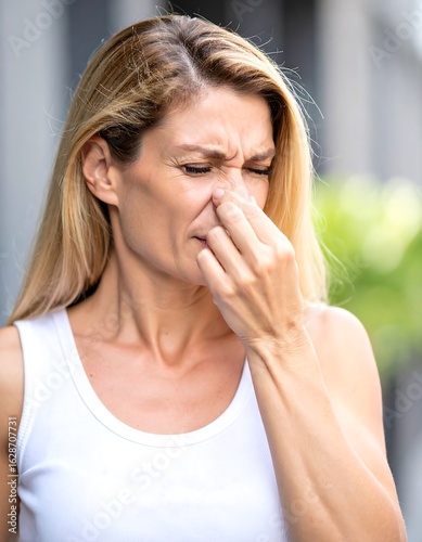 Woman smelling something unpleasant