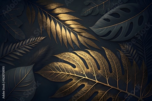 Luxury golden tropical leaves on dark background, elegant botanical pattern for abstract nature and decorative design