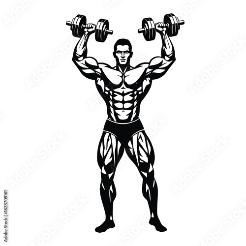 Vector art of muscular bodybuilder lifting dumbbells isolated on white background