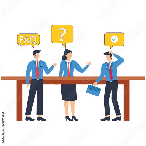 Flat illustration of business people ask question and give answer symbolizing teamwork and problem solving through FAQ discussion stock illustration