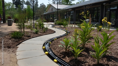the image captures an outdoor scene with a winding, elevated pathway running through a garden area