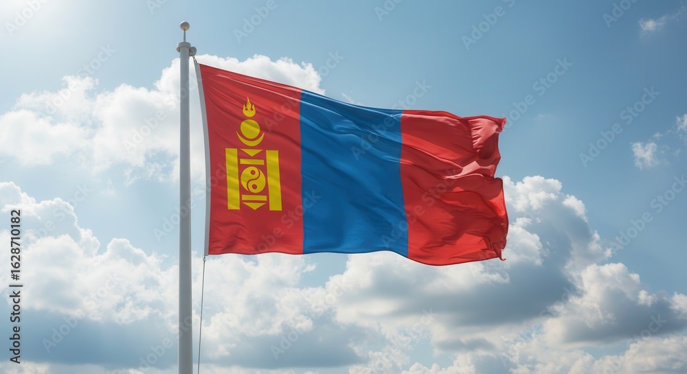 Naklejka premium Mongolia National Flag Waving on Tall Flagpole in Sky with Clouds – Mongolia Independence Day Celebration, Patriotism, Freedom, Mongolian Culture & Heritage 