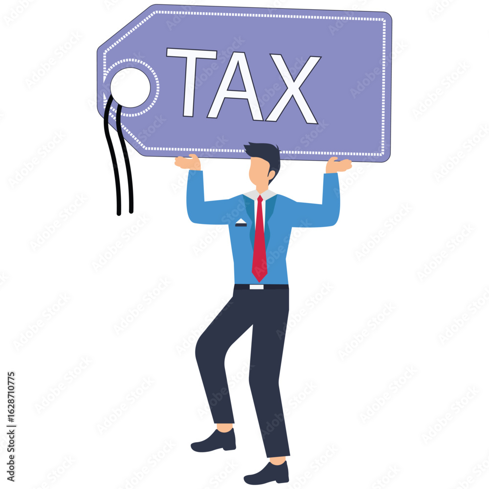 Fototapeta premium Flat illustration of businessman carry heavy weight label TAX symbolizing financial burden and debt stock illustration
