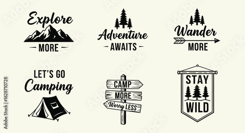 Vector art of collection of outdoor adventure and camping themed graphic designs