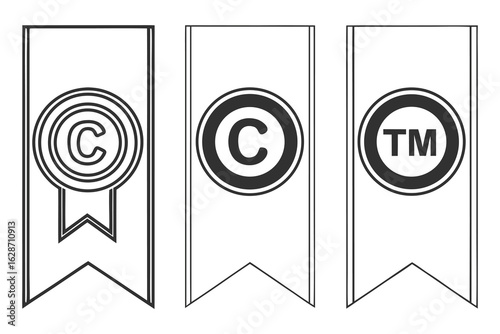 Vector art of copyright and trademark symbols on banners representing intellectual property rights isolated on white background