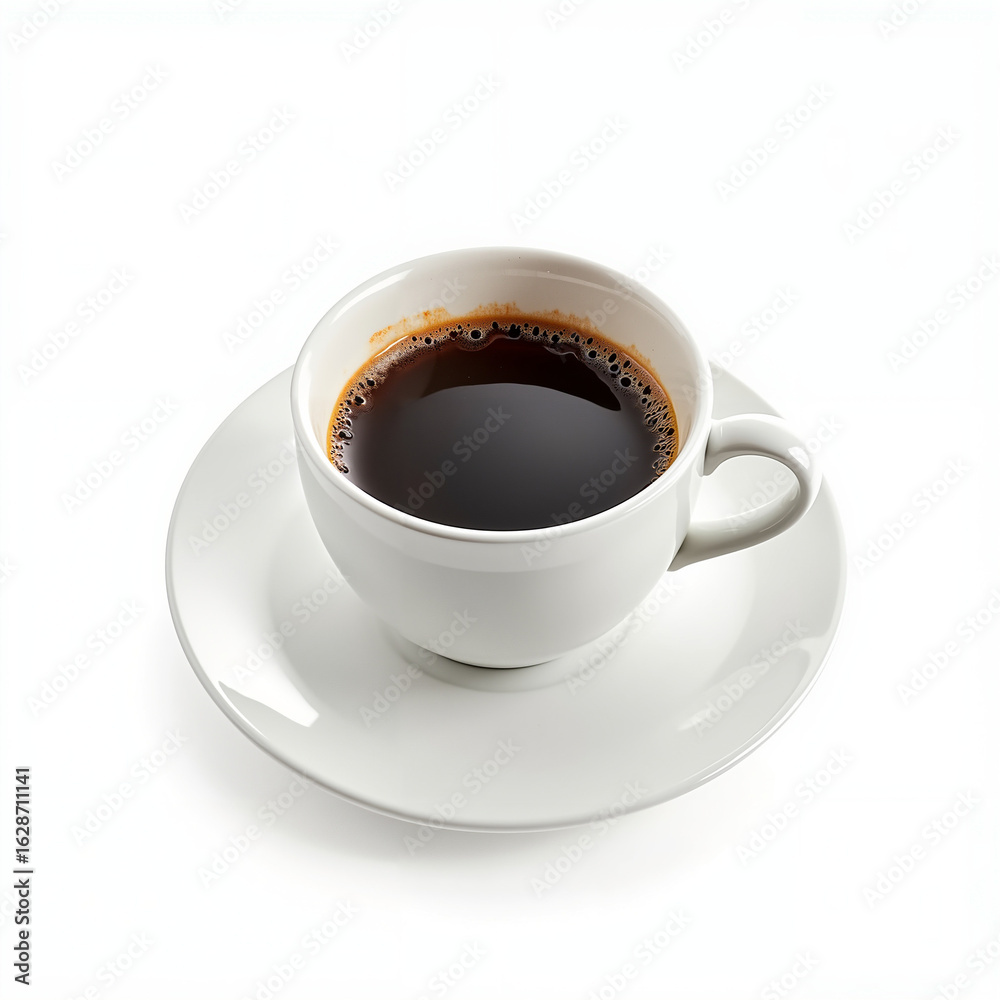 Obraz premium Black coffee in white cup on saucer isolated on white background 