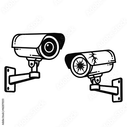 Vector art of two security cameras, one damaged, isolated on white background