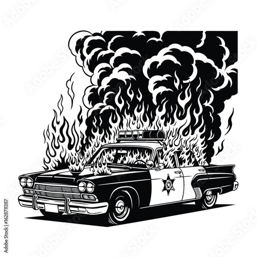 Vector art of burning police car with flames and smoke isolated on white background