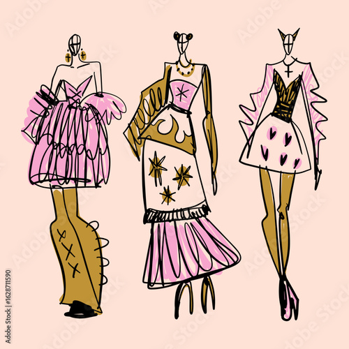 Fast Fashion Sketches Elegant Dress Silhouettes Hand Drawn Style Color Fashion Show Week Clipart