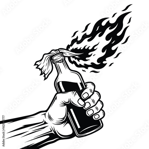 Vector art of hand holding a molotov cocktail with flames isolated on white background