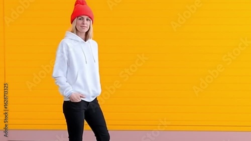 Back view of a woman in a white hoodie and red beanie standing against a bright yellow background wall