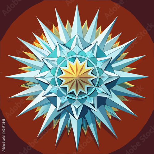 Intricate geometric starburst mandala design with sharp crystalline points and a radiant golden center isolated on white background isolated on transparent background silhouette