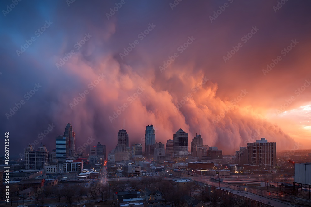 Obraz premium Dramatic sky over city skyline with vibrant colors at sunset or sunrise