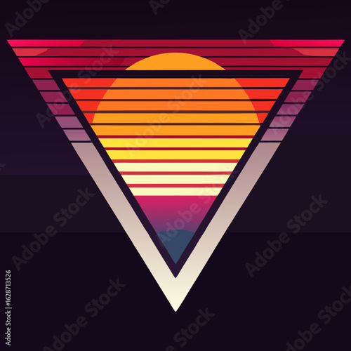 Retro synthwave sunset with geometric triangle and horizontal lines creating a vibrant retro vibe isolated on white background isolated on transparent background silhouette