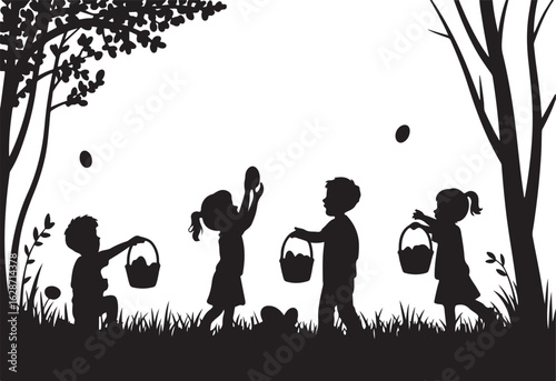 Children silhouettes gathering Easter eggs in a forest setting with trees and grass egg hunt kids