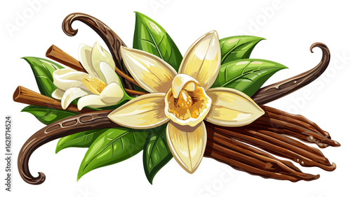 Aromatic arrangement featuring vanilla beans, coffee beans, and a delicate flower, set on a rustic wooden surface. The textures and scents blend together to evoke warmth and natural .