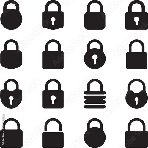 Grid of sixteen black padlock icons in various styles symbol security