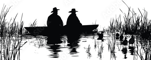 A striking black and white silhouette of two men in a boat on a serene lake, surrounded by tall reeds and waterfowl, reflecting on the calm water