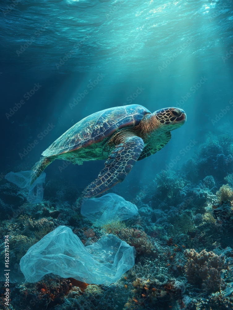 Fototapeta premium lonely sea turtle swimming with plastic bag waste in warm tropical sea waters in coral reefs beauty in nature ocean pollution marine pollutionplastic pollution and no plastic ecology concept image