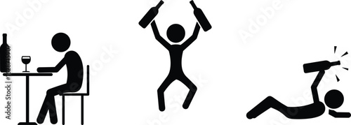 Stick figure drinking alone, partying with bottles, falling down drunk, alcohol consumption stages, addiction awareness, social drinking behavior, health impact