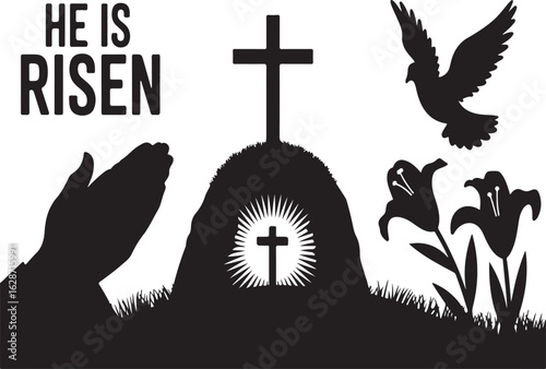 Religious Easter graphic with cross tomb dove and praying hands HEISRISEN resurrection he is risen