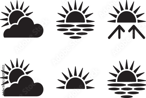 Set Of Six Black Silhouette Icons Representing Weather Conditions vector illustration