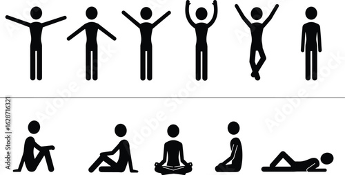 Stick figure yoga poses, exercise positions, meditation illustration, wellness icon, stretching graphic, peaceful posture, health activity, fitness drawing, relaxation concept