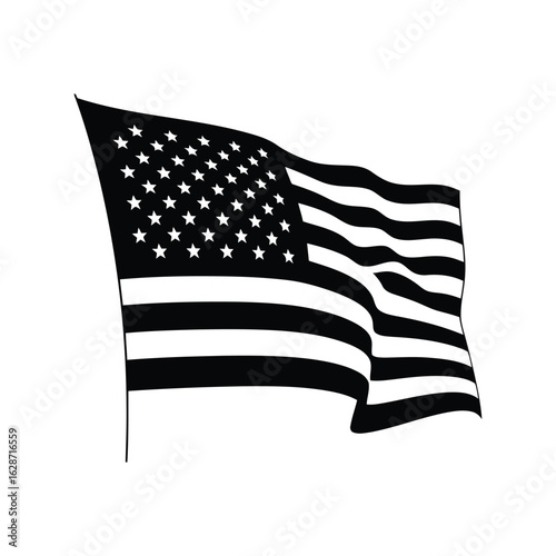 Waving american flag in black and white illustration isolated on white background