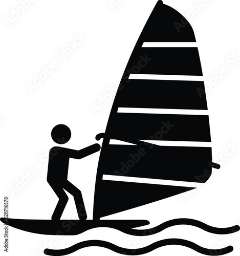 Windsurfing silhouette icon, black and white water sport symbol, ocean waves, dynamic outdoor board sailing action