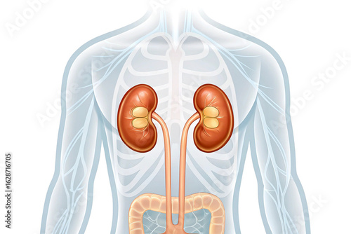 Human anatomy diagram showing healthy kidneys and urinary tract