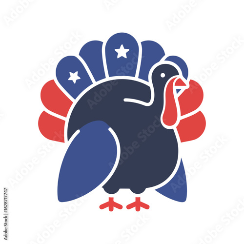 Patriotic american turkey with stars and stripes tail feathers isolated on white background