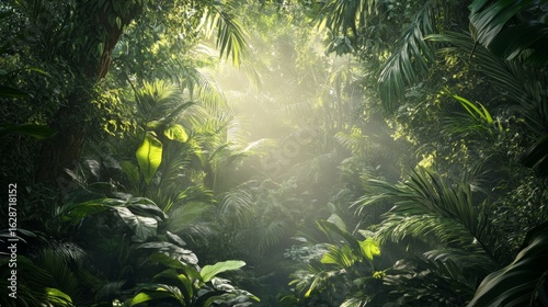 A deep jungle scene with sunlight filtering through thick leaves 
