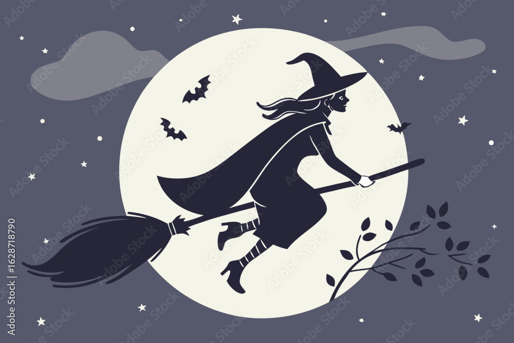 Fototapeta premium Halloween, Charming halloween scene featuring cute ghosts bats and pumpkins with a whimsical witch