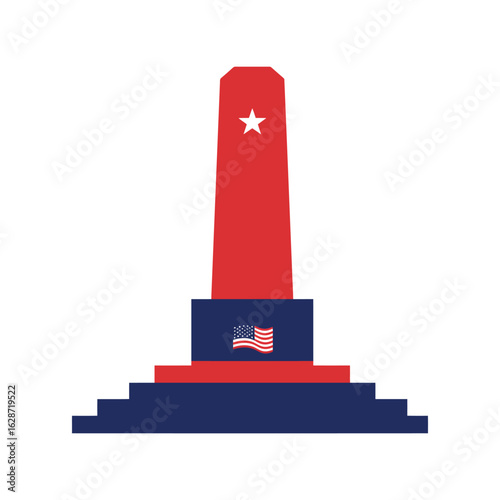 Red and blue memorial monument with star and emblem isolated on white background