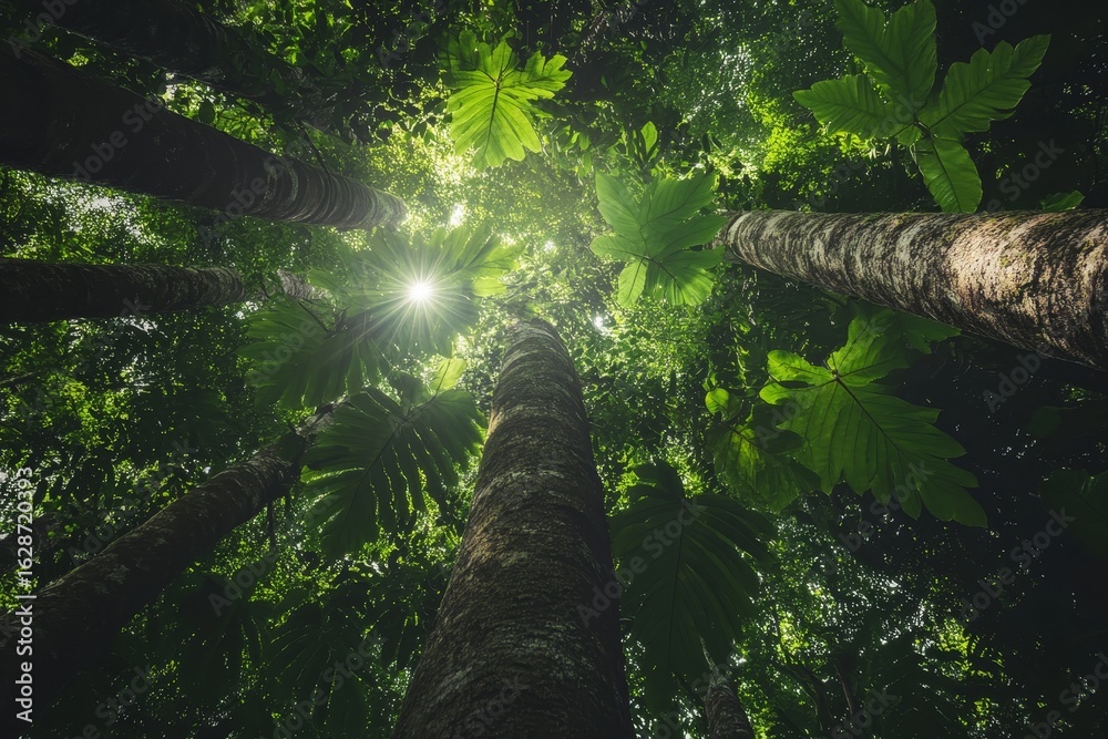 Fototapeta premium The environment concept is illustrated by a forest background with a tree branch in sunny light, complemented by the canopy of tall tree woods and a vibrant green hue