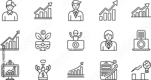 A collection of business and finance related icons in outline style