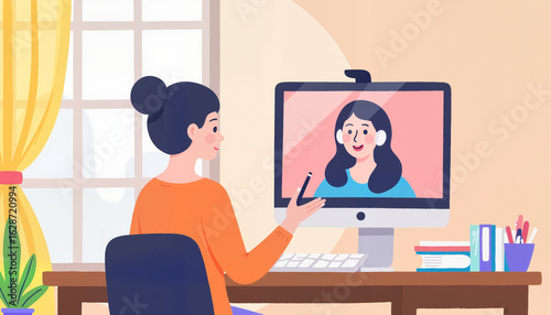 Woman engaging in online webinar at tidy desk, remote learning