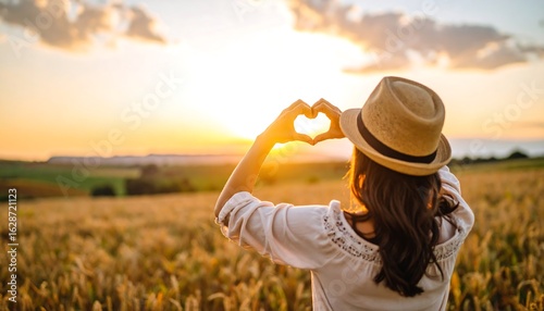 Woman in field at sunset, heart shape