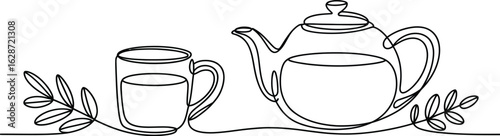 Elegant single line drawing captures a cozy tea time scene with a steaming teapot and cup adorned by delicate foliage
