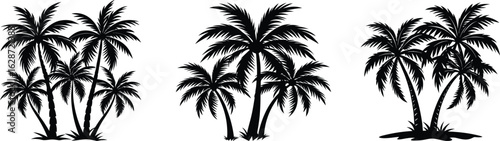 A beautiful tropical paradise with a black palm tree silhouette against a vibrant orange and purple sunset on the beach
